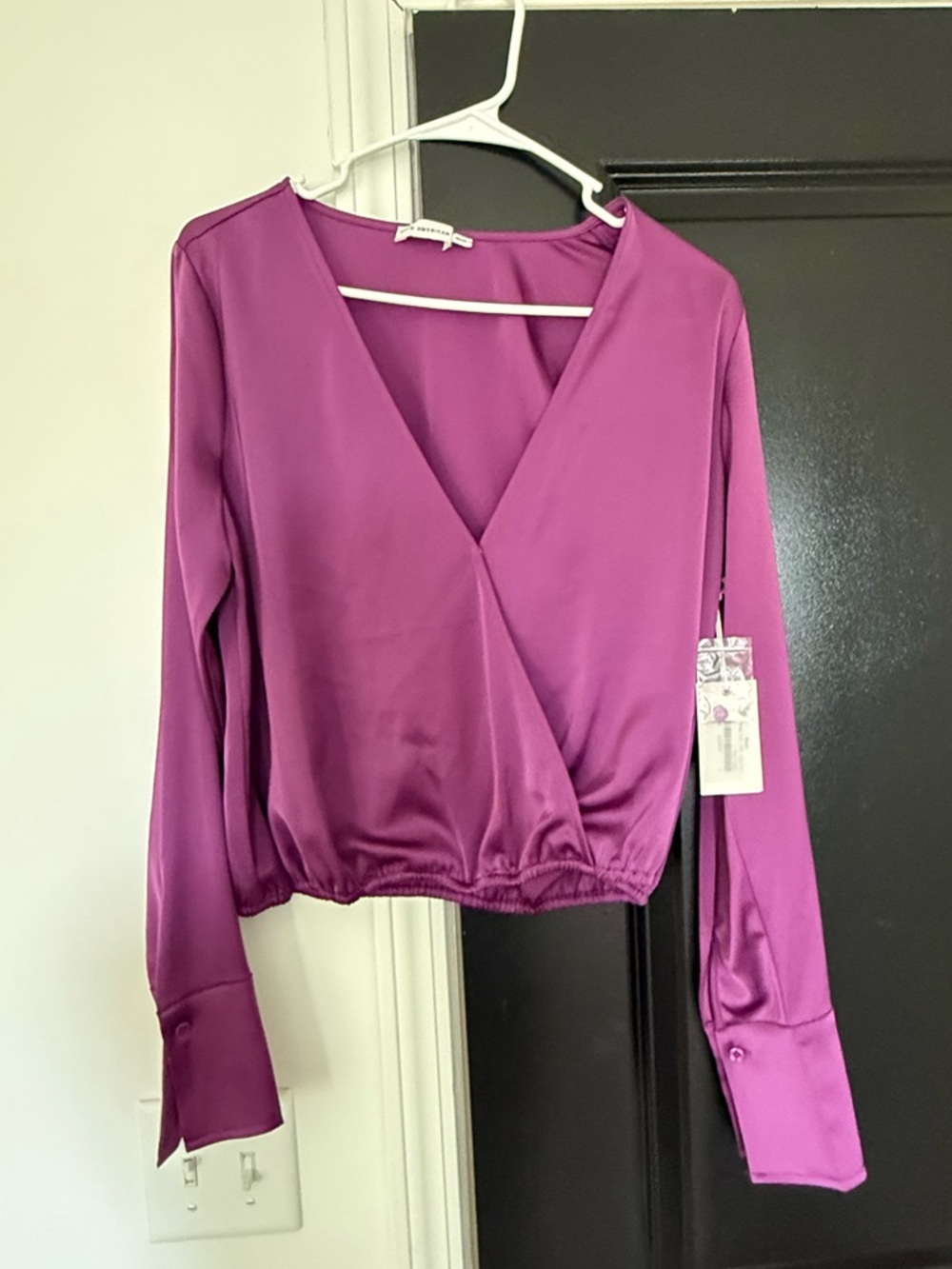 Good American Satin Wrap-Front Blouse in Magenta